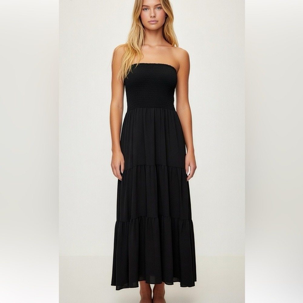 Michael Kors Smocked Maxi Dress Strapless Tiered Black Size Small Like New